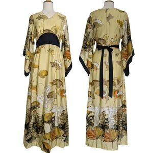 Kimono Vintage Maxi Dress Bird Pattern Size XS* 60s-70s